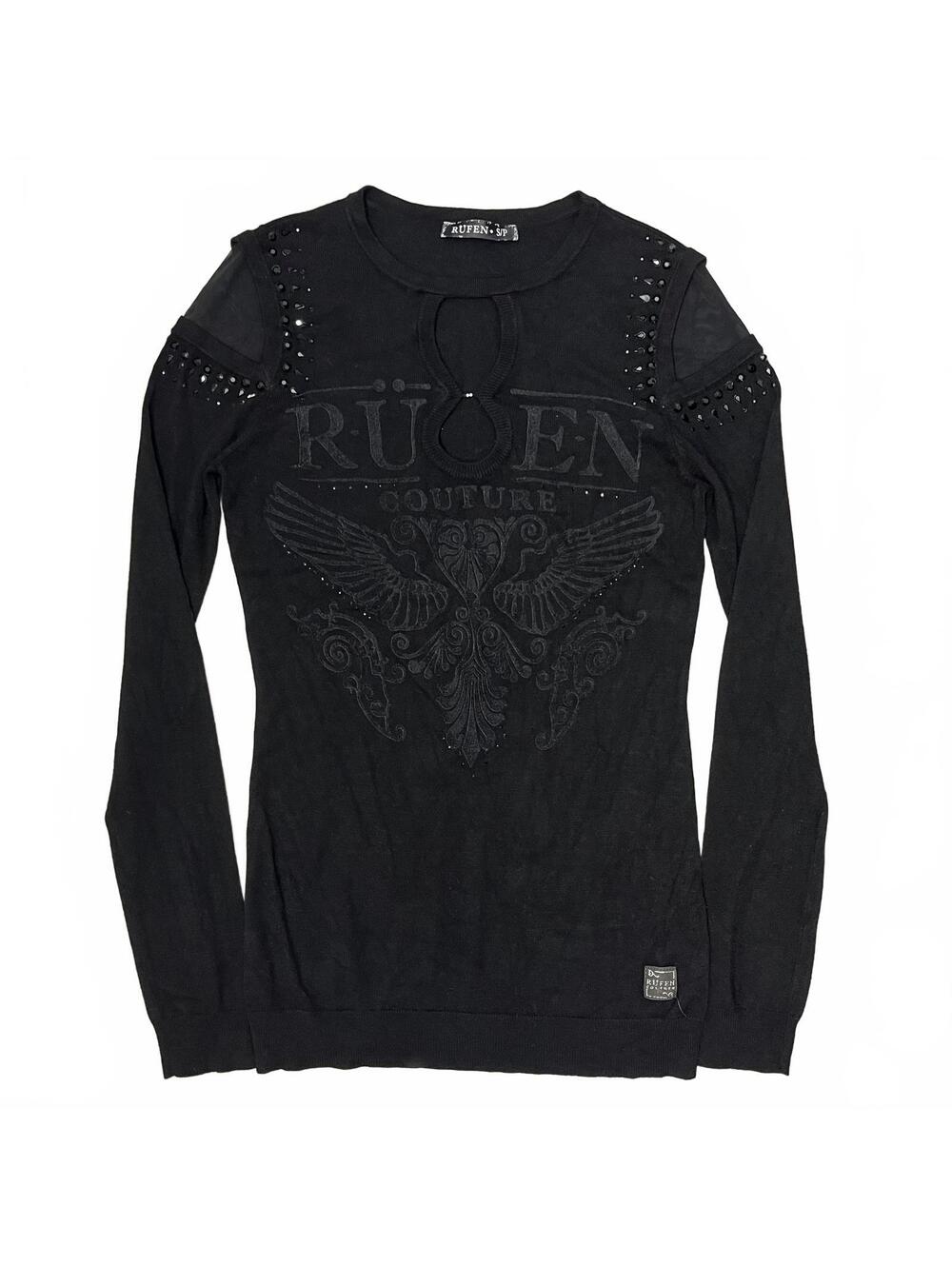 Y2K Rufen Sz S Black Goth Graphic Sweater Mesh Bedazzled Shoulders Chest Cutouts